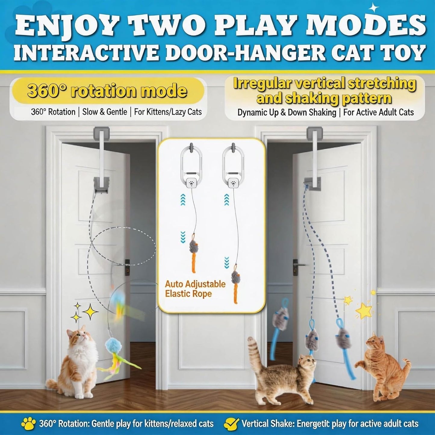 HappyCode electric hanging door cat toy with remote control on a wooden frame.