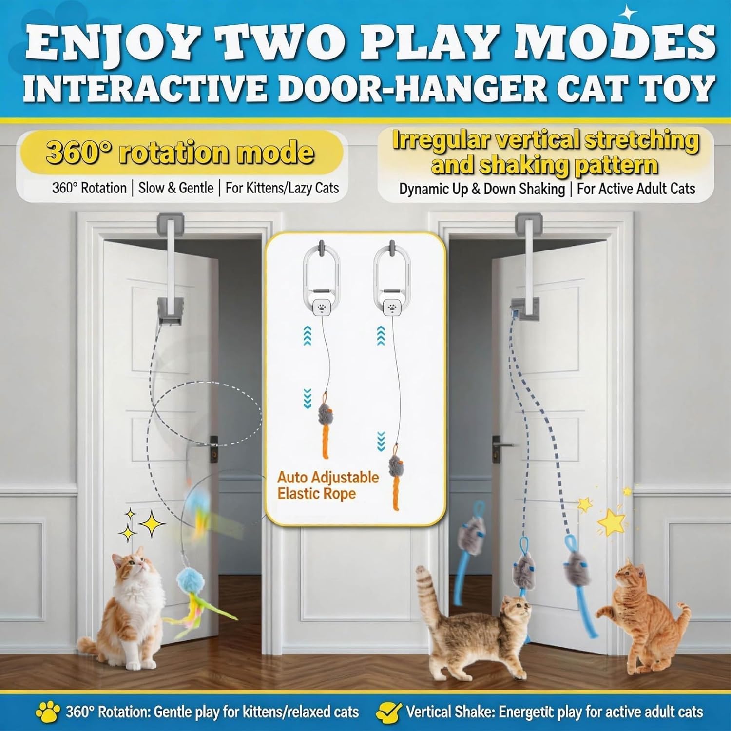 HappyCode electric hanging door cat toy with remote control on a wooden frame.