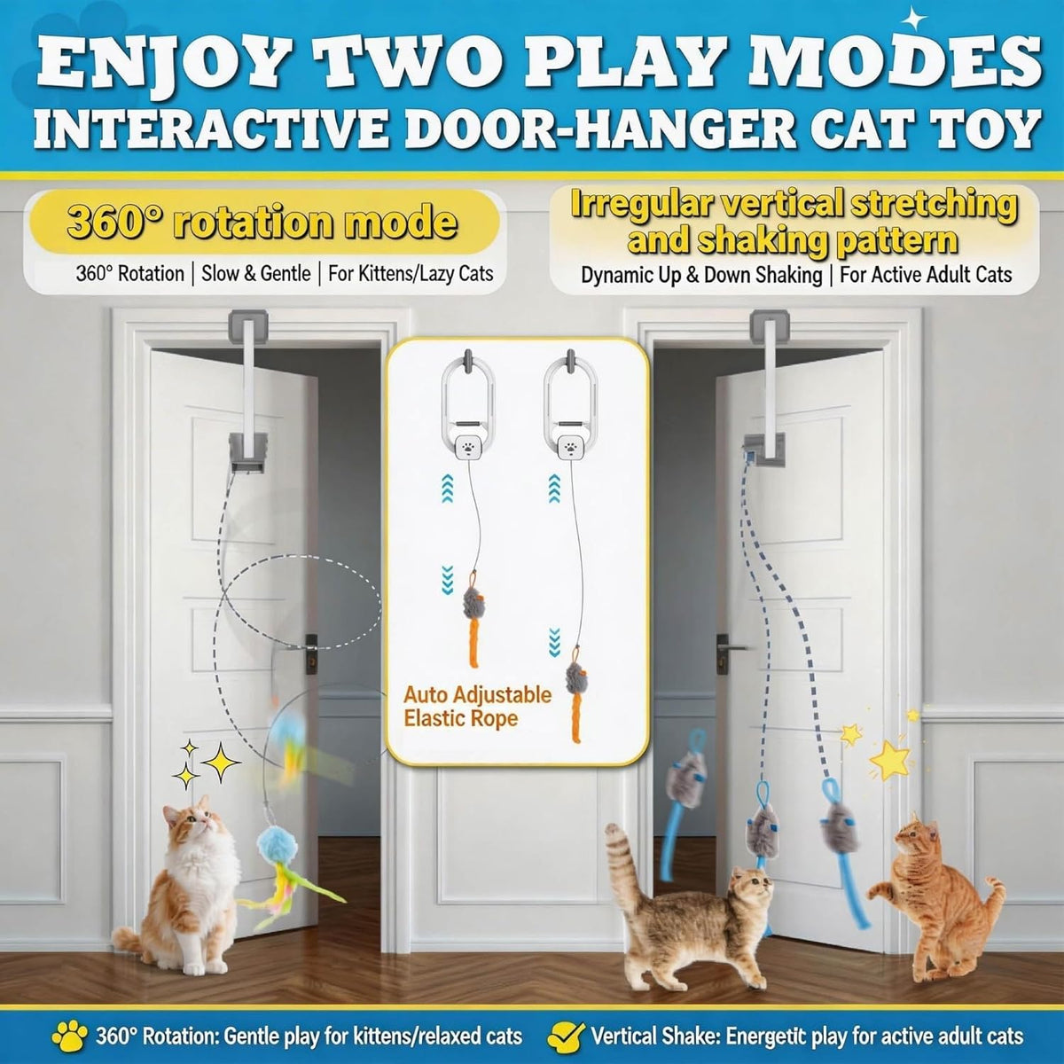 HappyCode electric hanging door cat toy with remote control on a wooden frame.