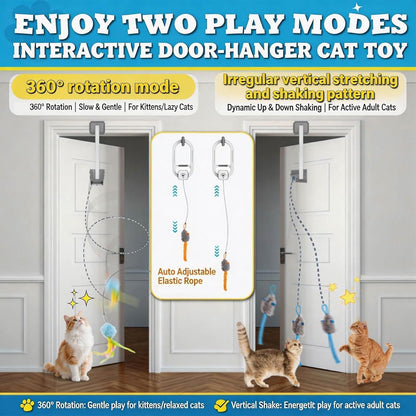 HappyCode electric hanging door cat toy with remote control on a wooden frame.