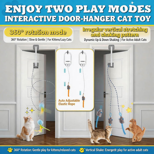 HappyCode electric hanging door cat toy with remote control on a wooden frame.