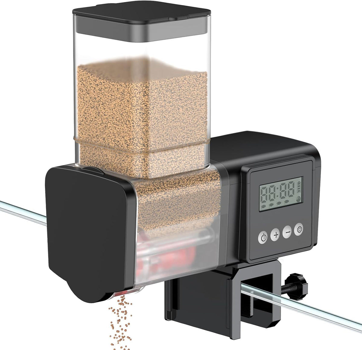 Pawfly automatic fish feeder front view mounted on aquarium tank
