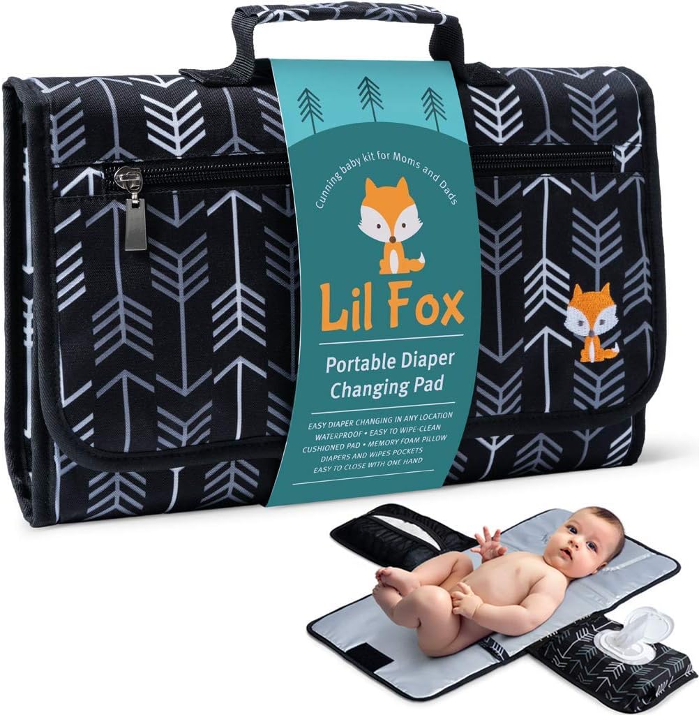 Lil Fox portable diaper changing pad front view grey arrows