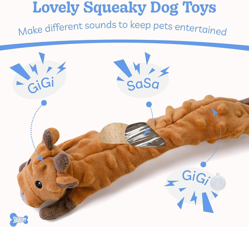 No stuffing dog toys with crinkle and squeaker sounds