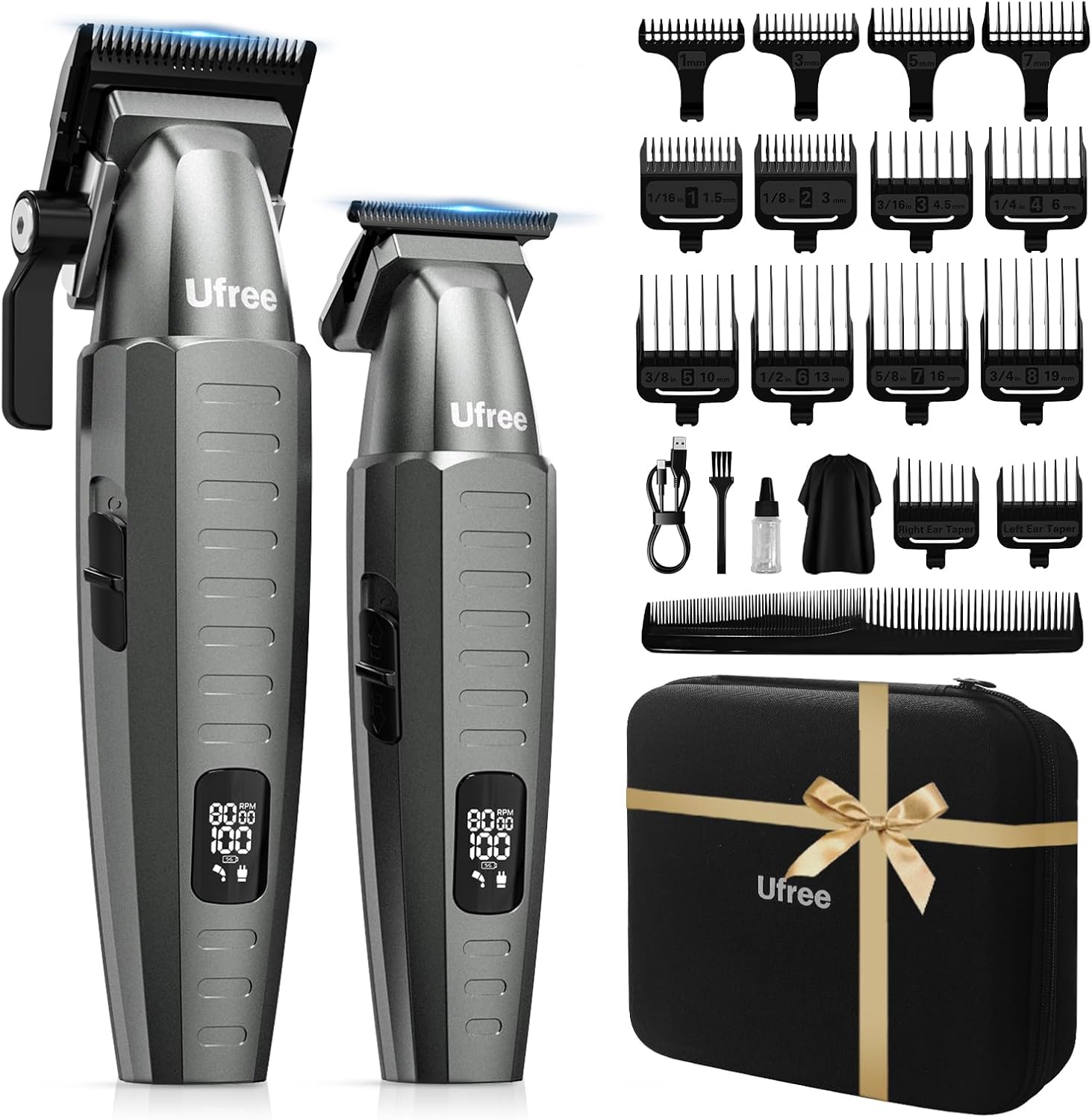 Ufree professional hair clippers and trimmer set front view showing gray metal body design