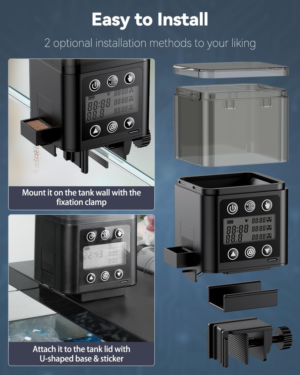 Pawfly smart aquarium dispenser attached to a tank hood using the U-shaped base sticker mount