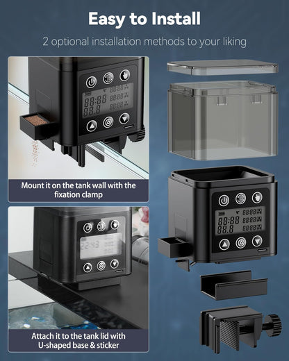 Pawfly smart aquarium dispenser attached to a tank hood using the U-shaped base sticker mount