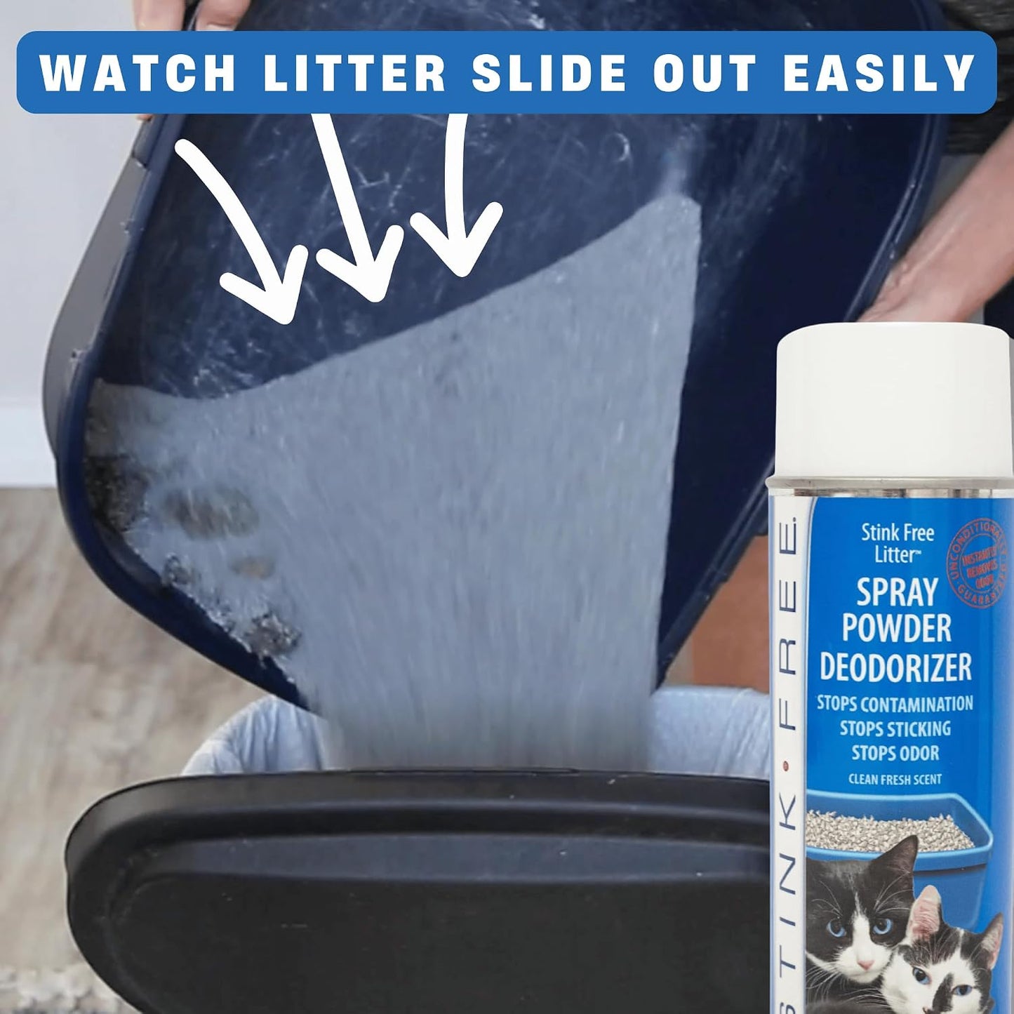 Stink Free pet safe non toxic cat litter deodorizer cans side angle view