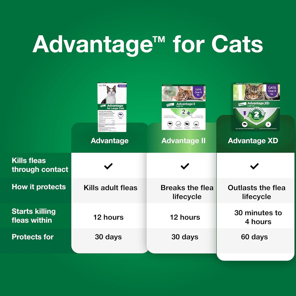 Two single dose tubes of Advantage cat flea treatment next to original box