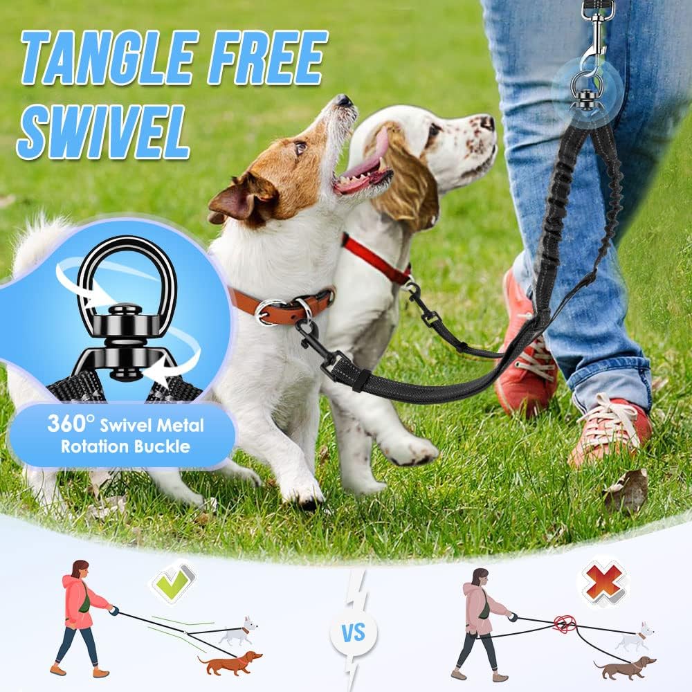Shock absorbing bungee lead splitter for two medium and large dogs