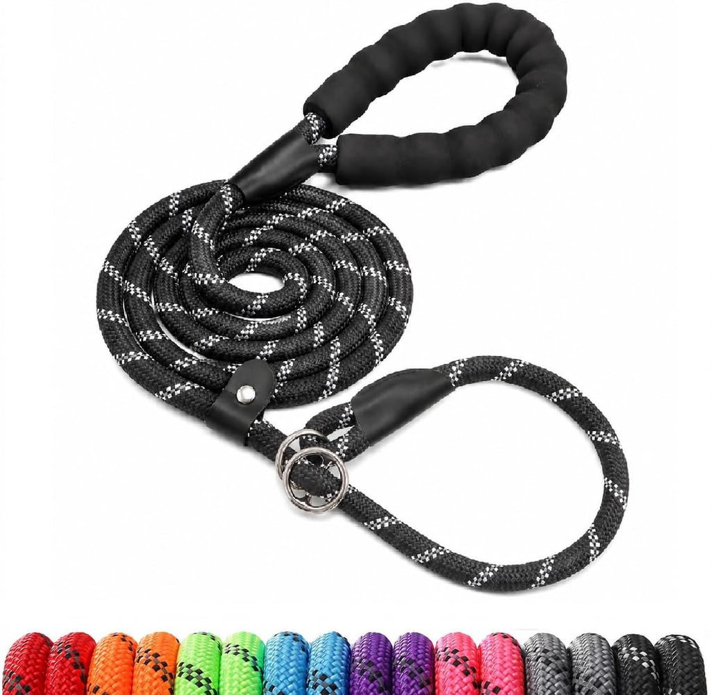 Keittpeet reflective slip lead dog leash front view showing the black nylon rope and padded handle.