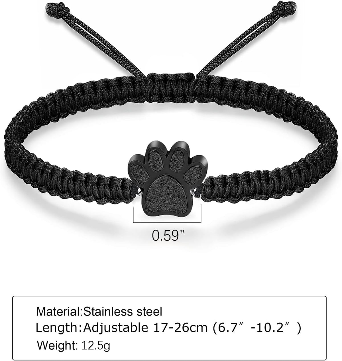 Adjustable braided rope urn bracelet for dog and cat ashes