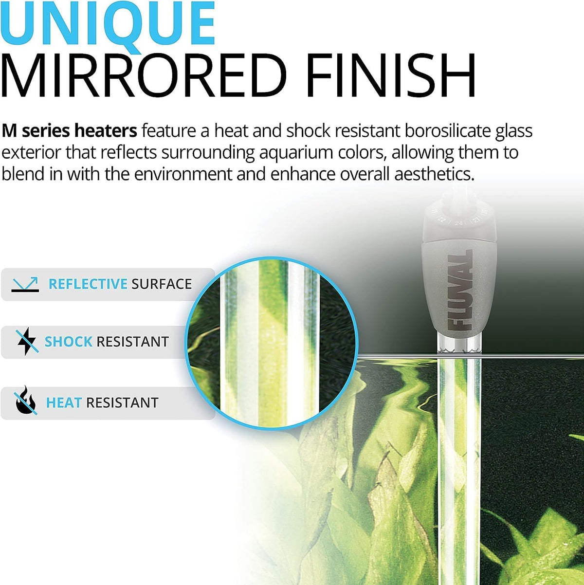 Fluval M 100W heater showing mirrored reflective finish