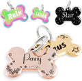 MEOW the WOOF personalized bone pet ID tag front view featuring cursive name engraving