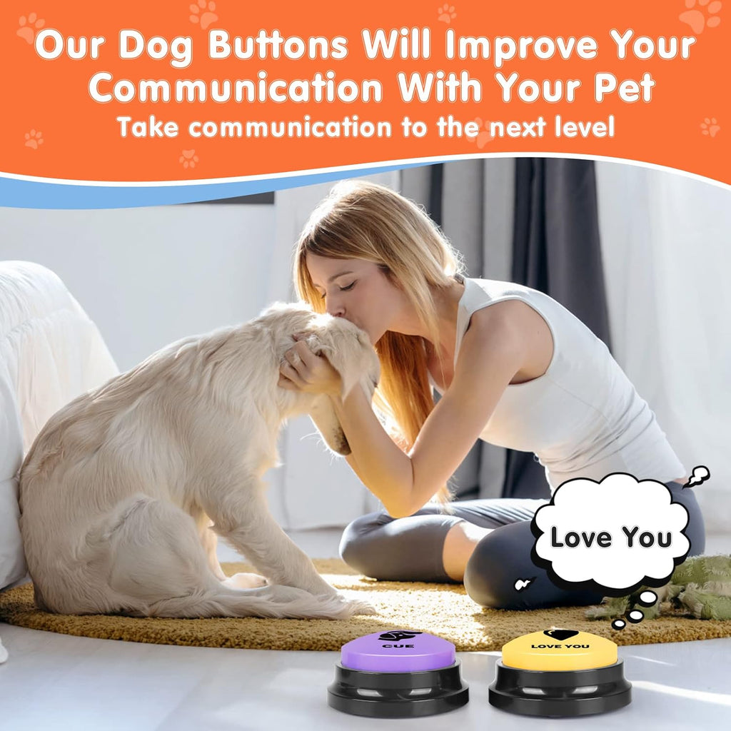 Durable ABS plastic pet communication buzzers organized neatly on a dark gray floor mat.