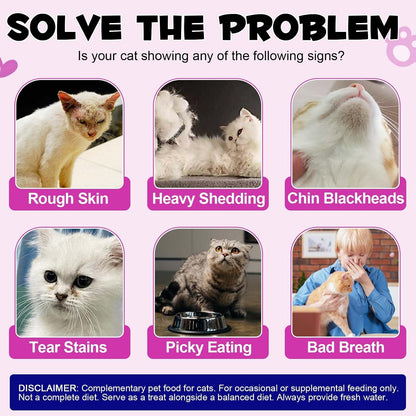 Feline daily multivitamin bites displaying nutritional benefits for immune and joint health support.
