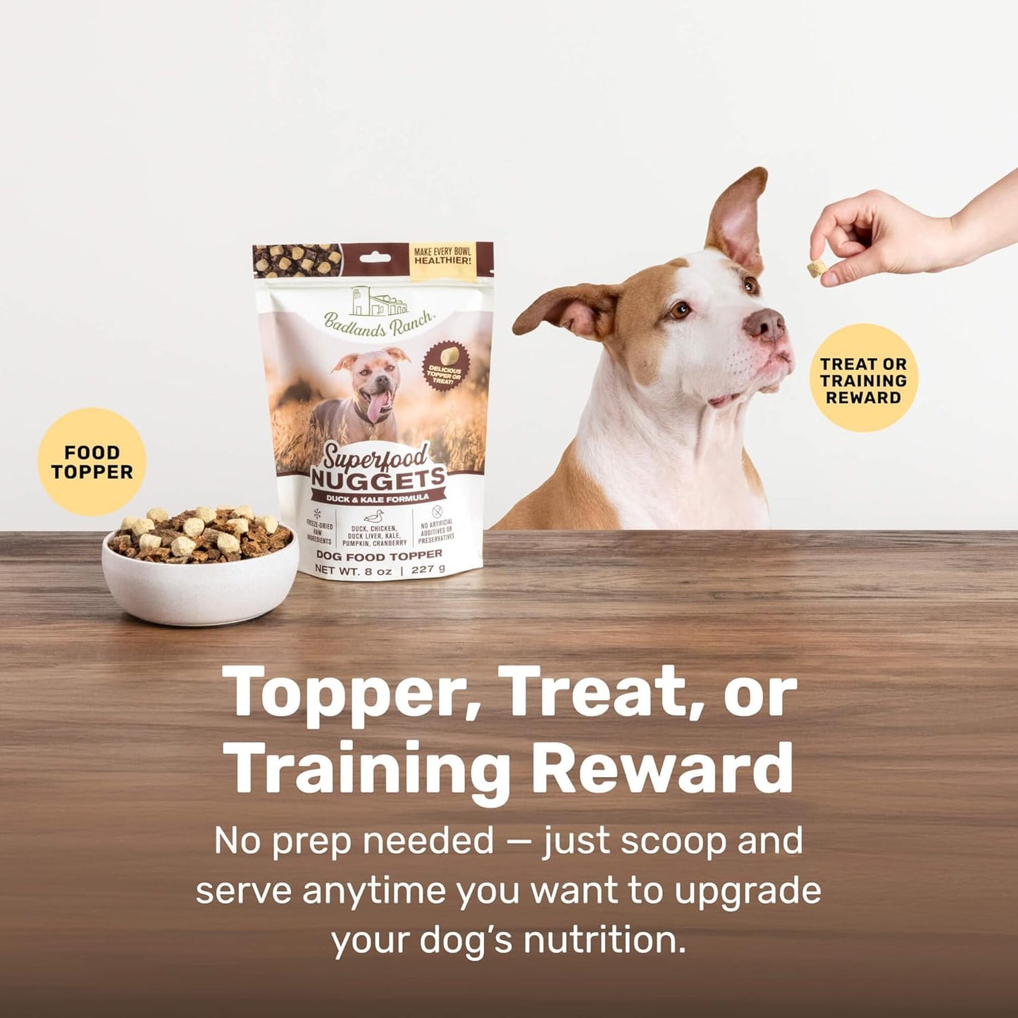 Badlands Ranch freeze dried raw dog food topper packaging with logo close up
