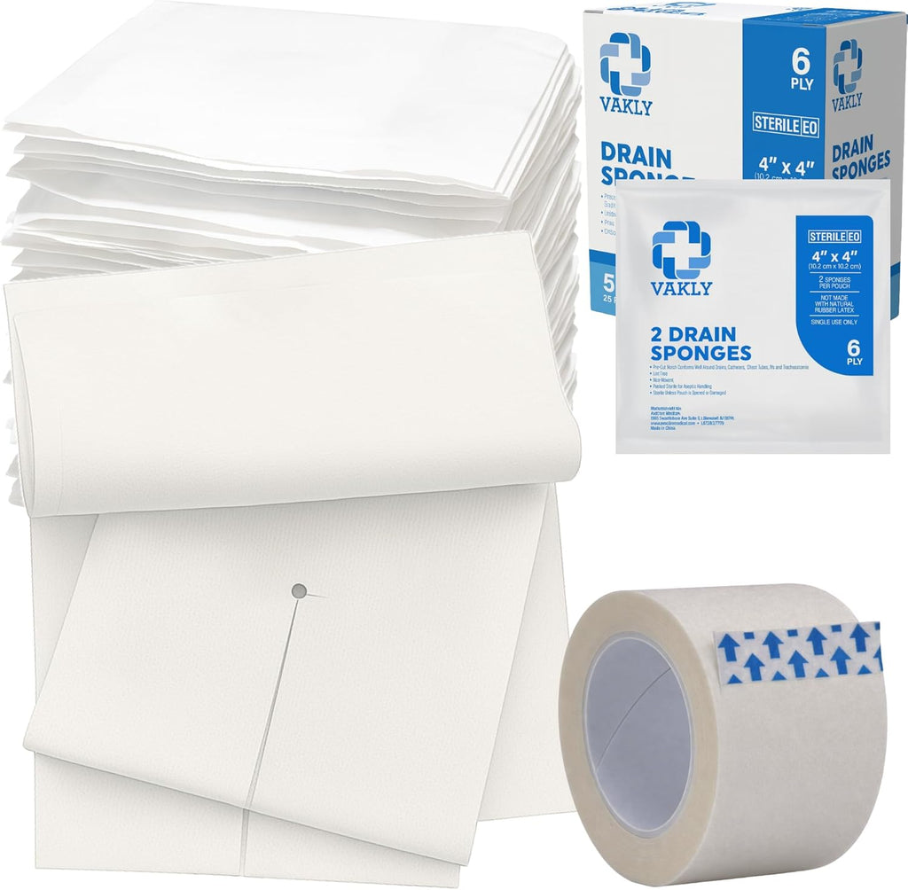 Vakly split drain sponge gauze 4x4 sterile pads packaging box front view