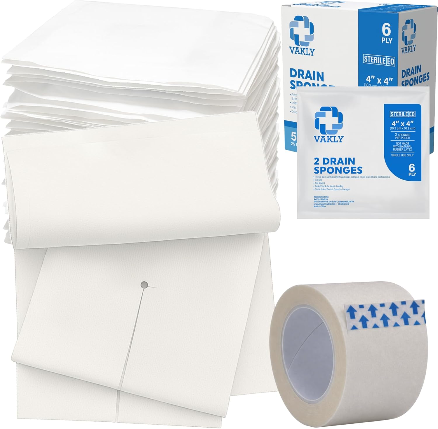 Vakly split drain sponge gauze 4x4 sterile pads packaging box front view