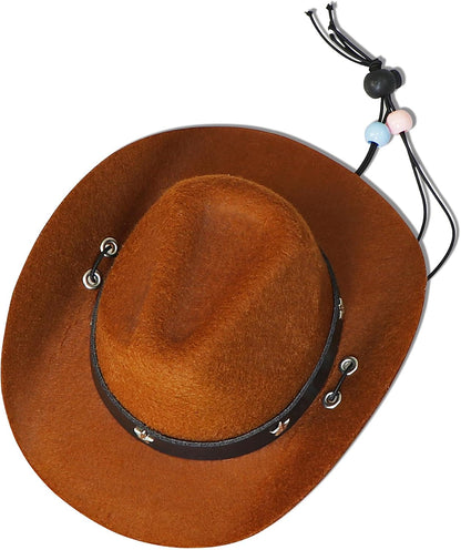 Side view of a large dog wearing adjustable brown cowboy hat