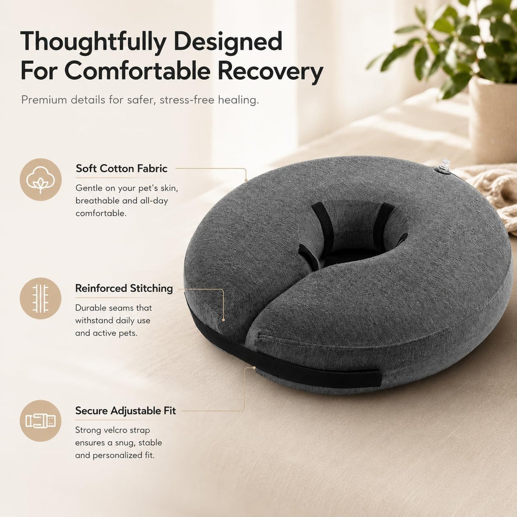 Grey inflatable e-collar with adjustable neck pillow design