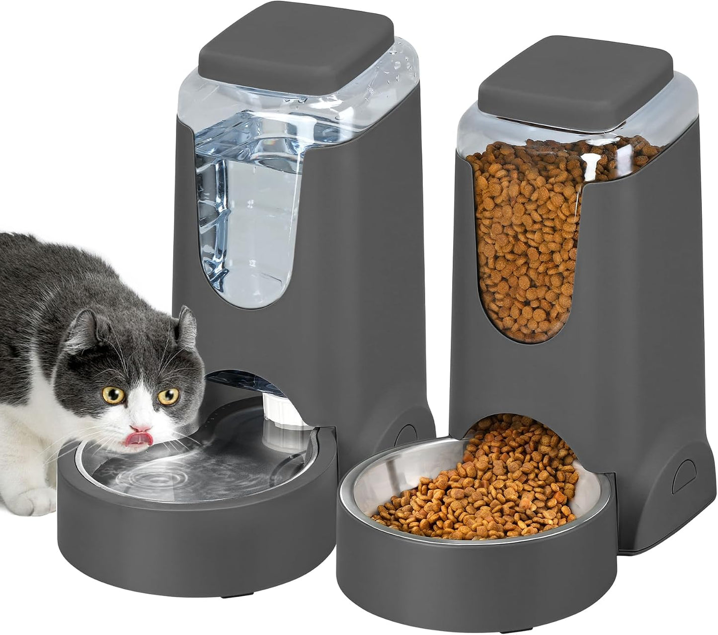 WyfKyd automatic cat feeder and water dispenser set front view showing gray base and transparent reservoirs.