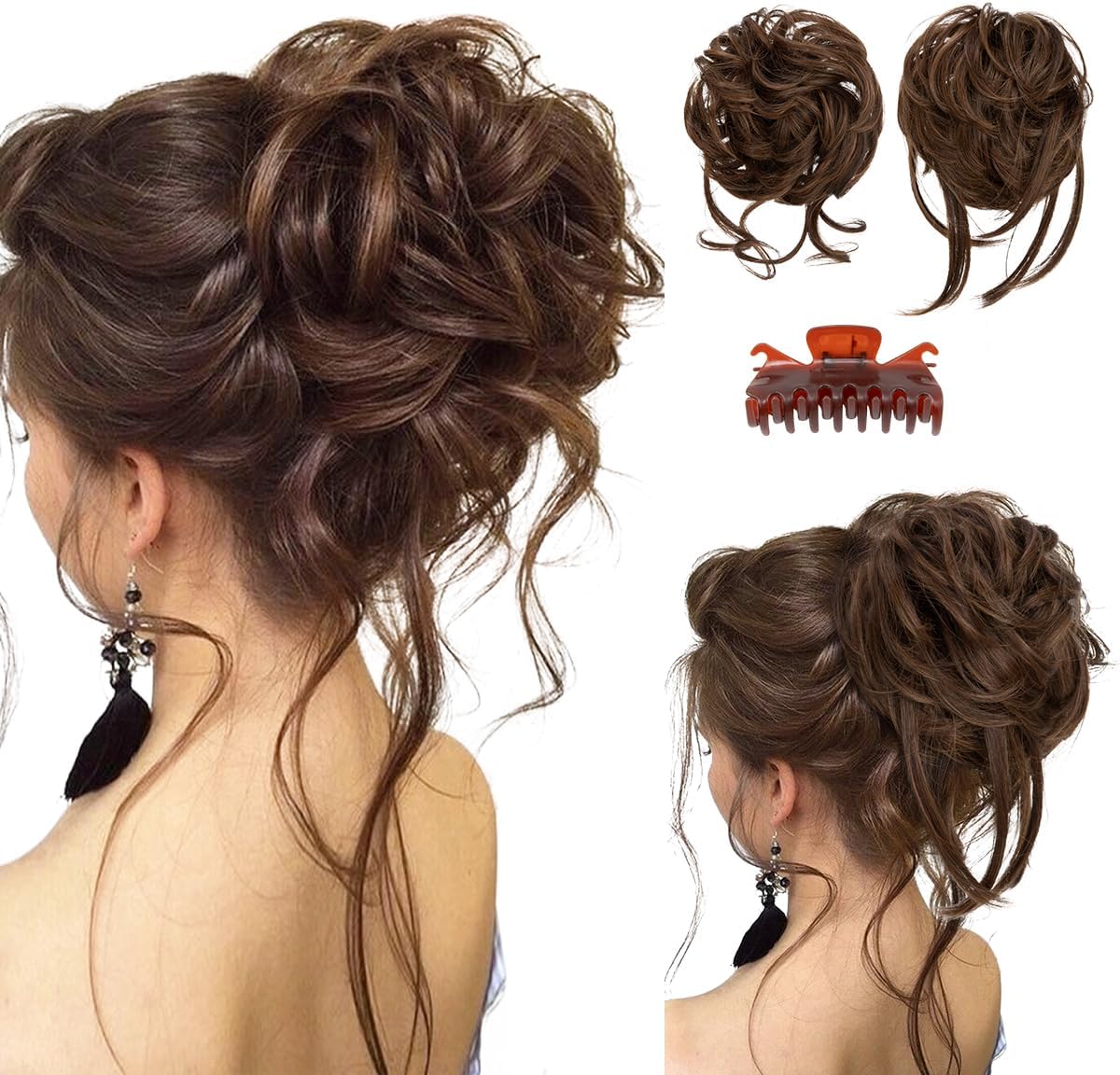 Larfraecy SARLA messy bun hair pieces front view showing chocolate multi color hair volume extension