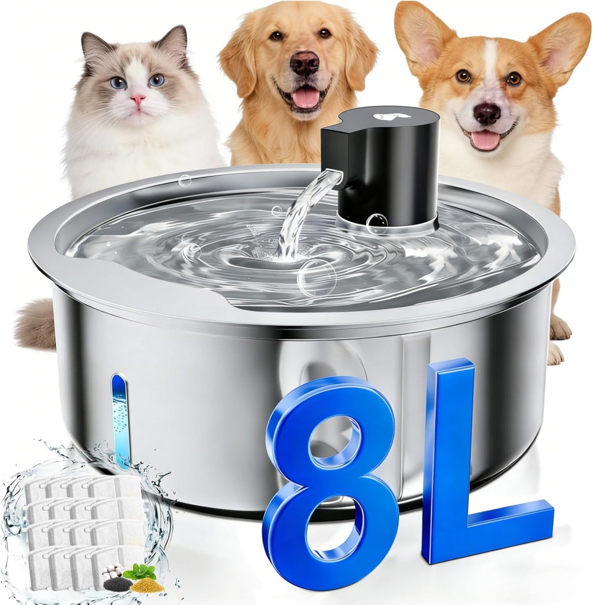 Dog Water Fountain, 8L Stainless Steel Dog Water Fountain for Large Dogs, Dog Water Bowl Dispenser, Super Quiet Pump and Replacement Filters for Cats and Dogs (Silver-8L+3Filters) - Image 10