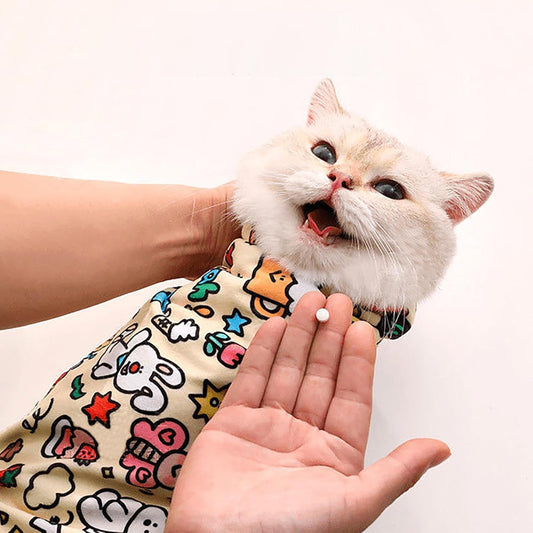 Lovely Caves Self Adhesive Cat Wrap Grooming Blanket Doodle front view pet restraint