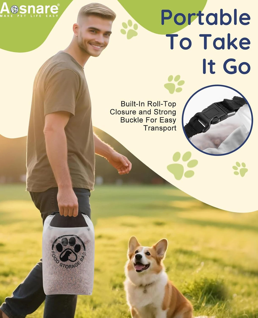 Close up of Aosnare pet food bag roll-top closure mechanism