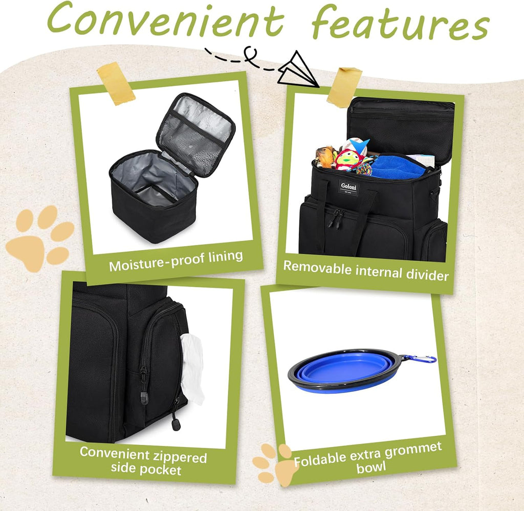 Goloni dog tote bag showing internal compartments and adjustable dividers