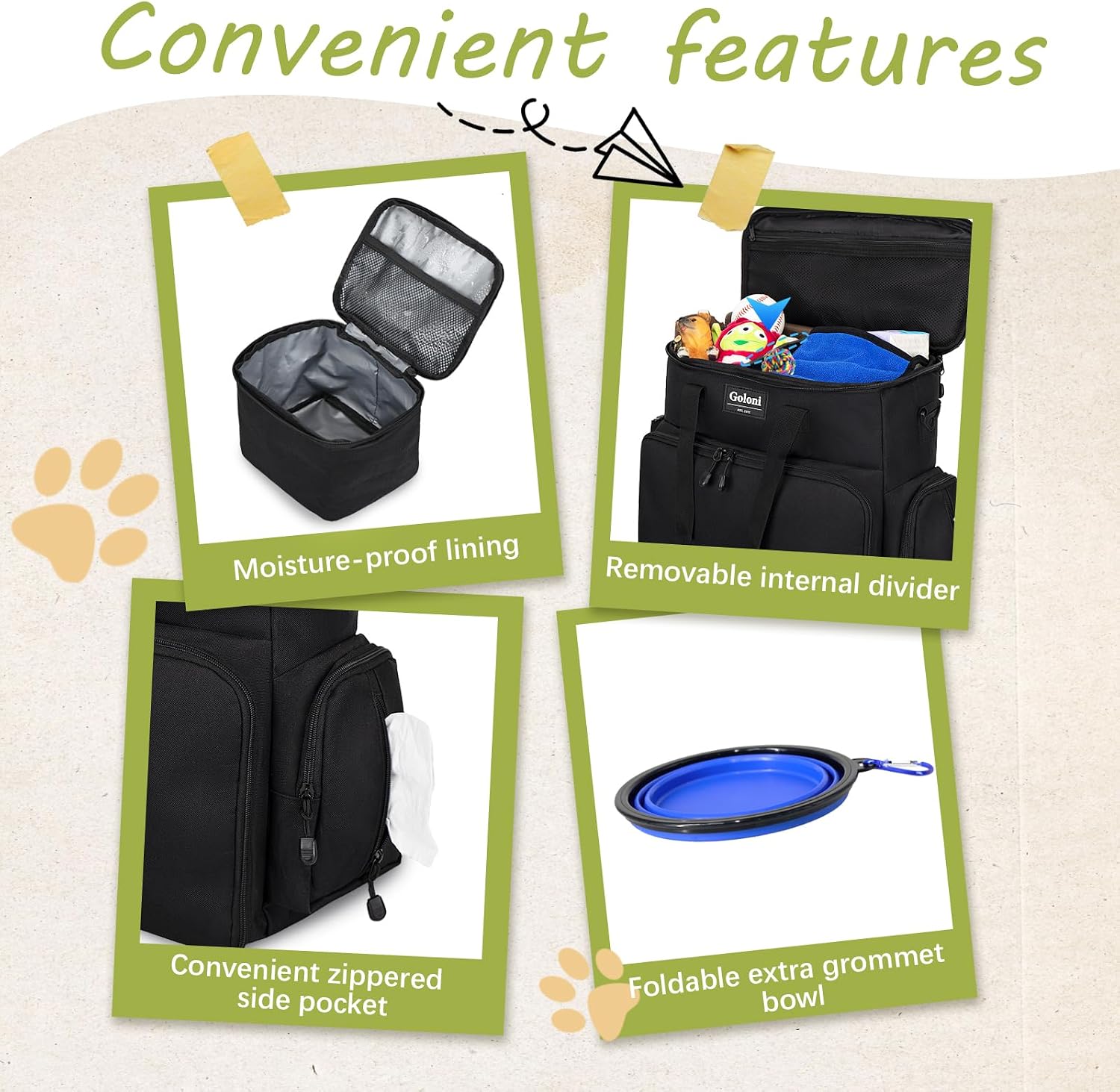 Goloni dog tote bag showing internal compartments and adjustable dividers