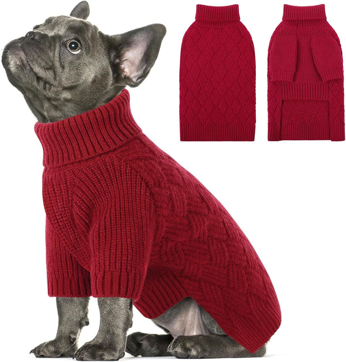 SUNFURA Small Dog Sweater front view of red turtleneck knitwear for winter