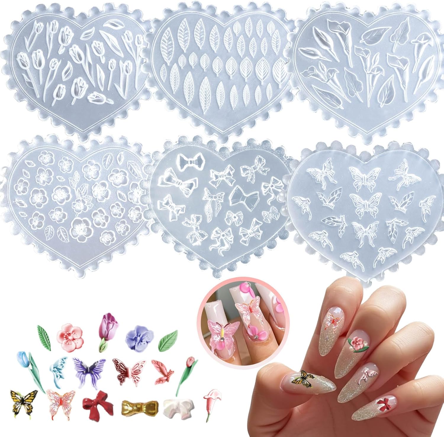 HOIEPJAP 3D silicone nail art molds front view showing heart shaped templates with floral patterns.