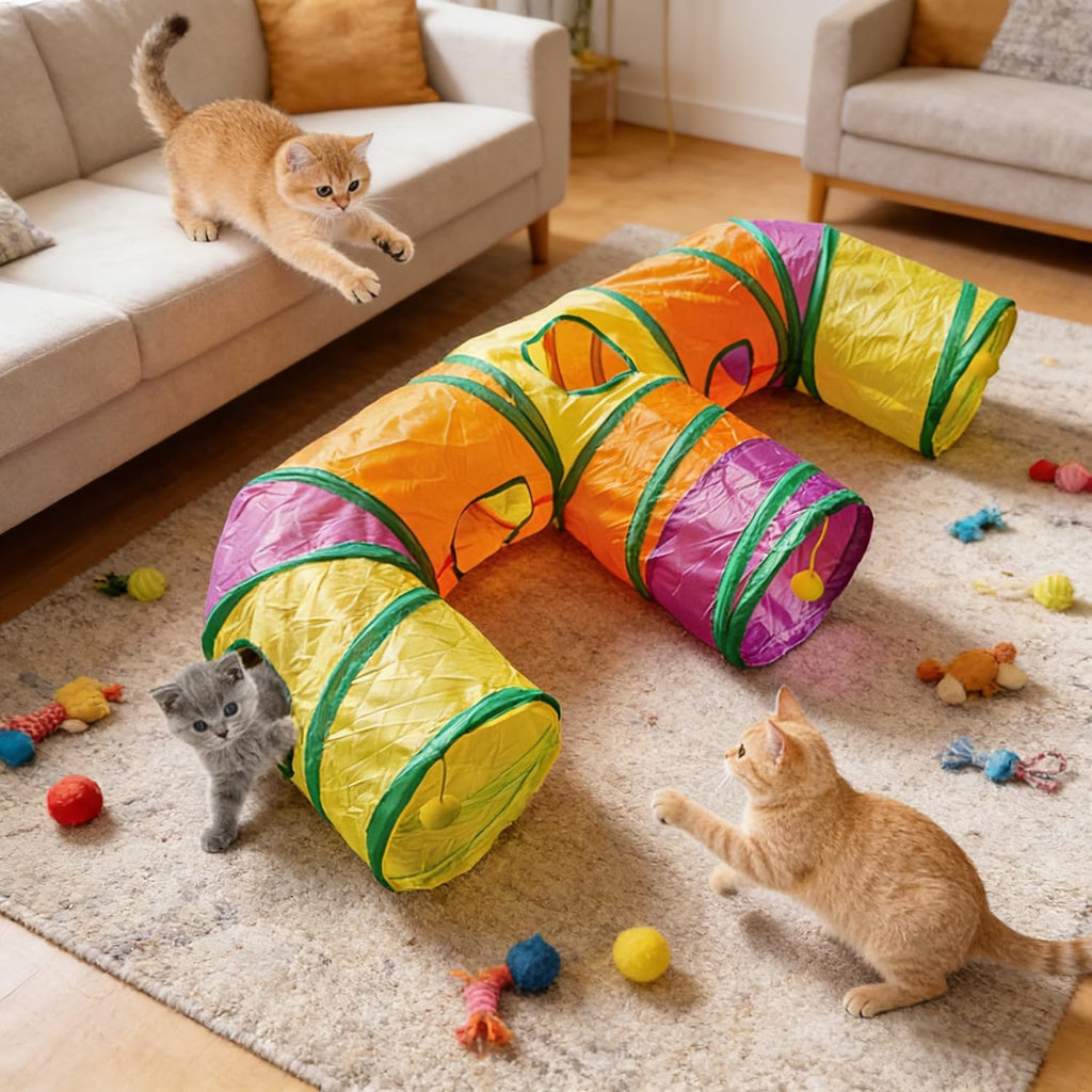 Vibrant rainbow colored E-shape rabbit hideout tunnel showcasing the distinct pathways.