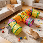 Vibrant rainbow colored E-shape rabbit hideout tunnel showcasing the distinct pathways.