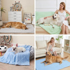 Washable pet cold throw blanket draped over living room sofa