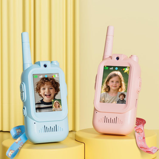 Fabeto kids video walkie talkie two pack front view showing pink and blue rechargeable units with screen display