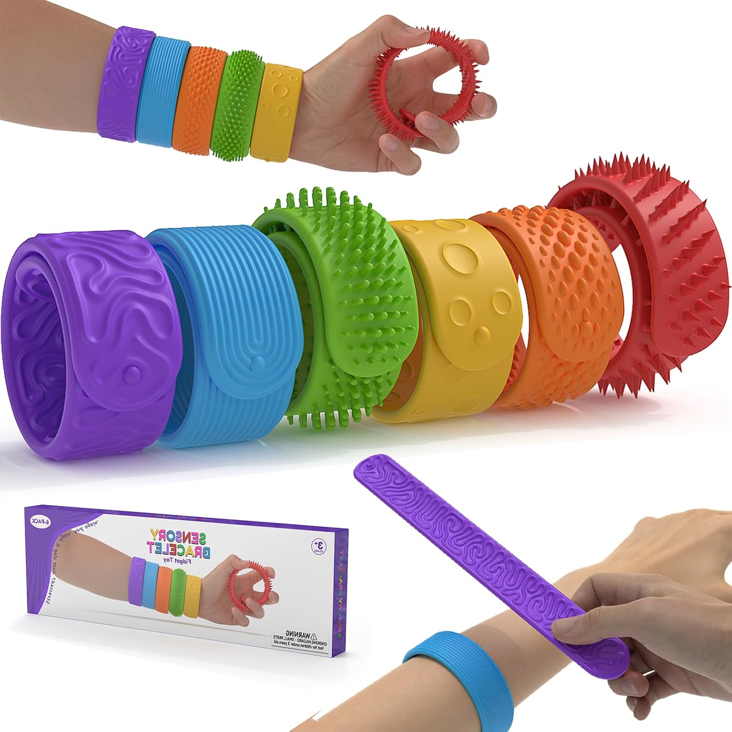 AotBlcer Sensory Slap Bracelets front view showcasing the 6 distinct vibrant colors and unique textured patterns.