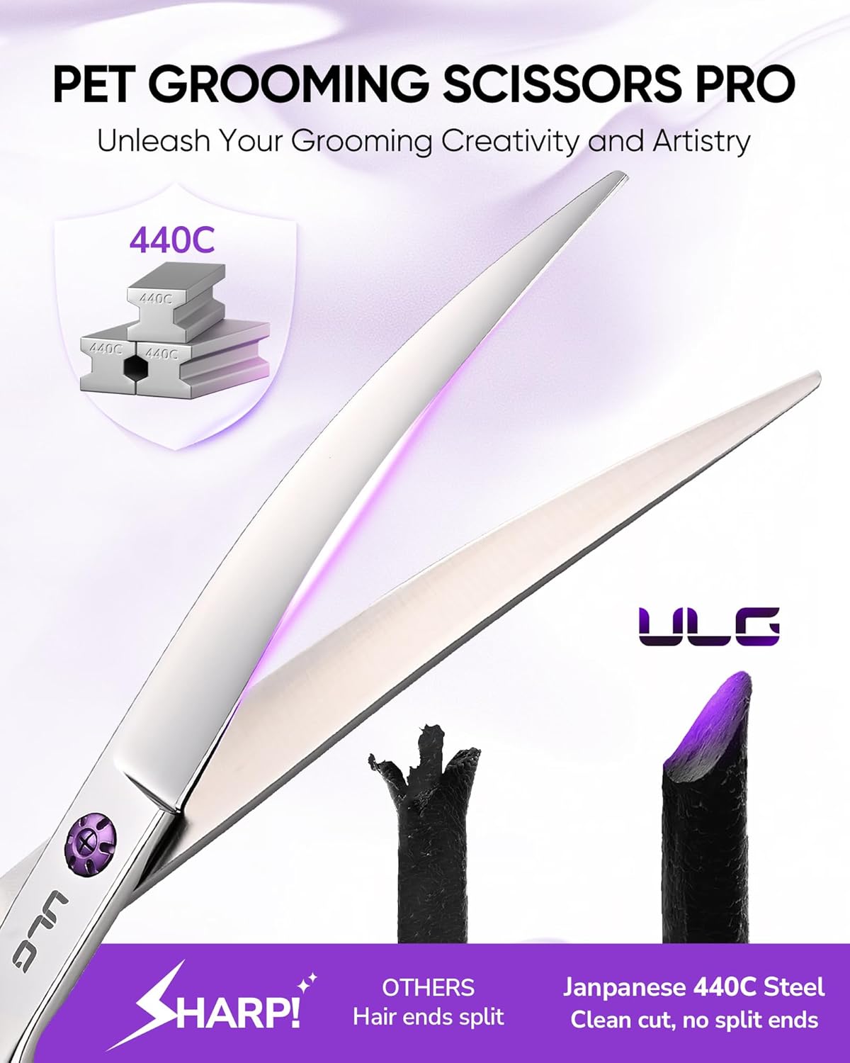 ULG professional pet grooming shears highlighting the 440C stainless steel curved blade.