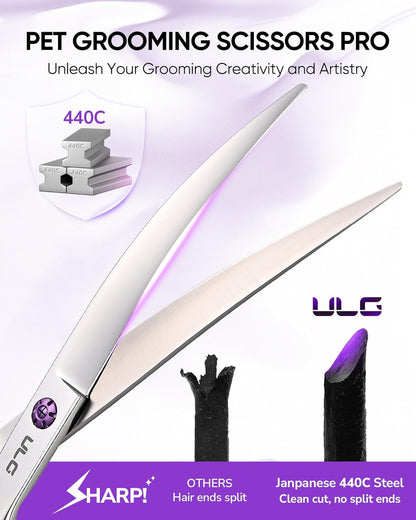 ULG professional pet grooming shears highlighting the 440C stainless steel curved blade.
