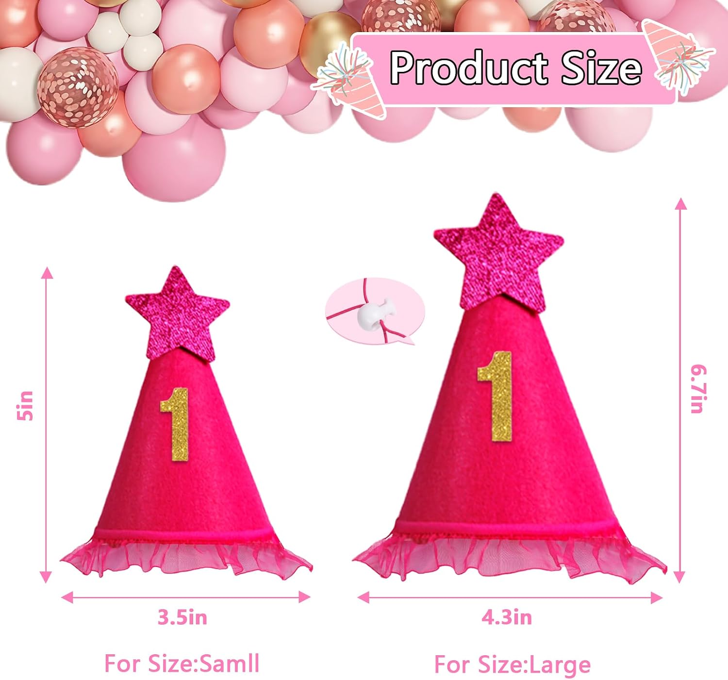Close up of rose pink dog party hat lace and star