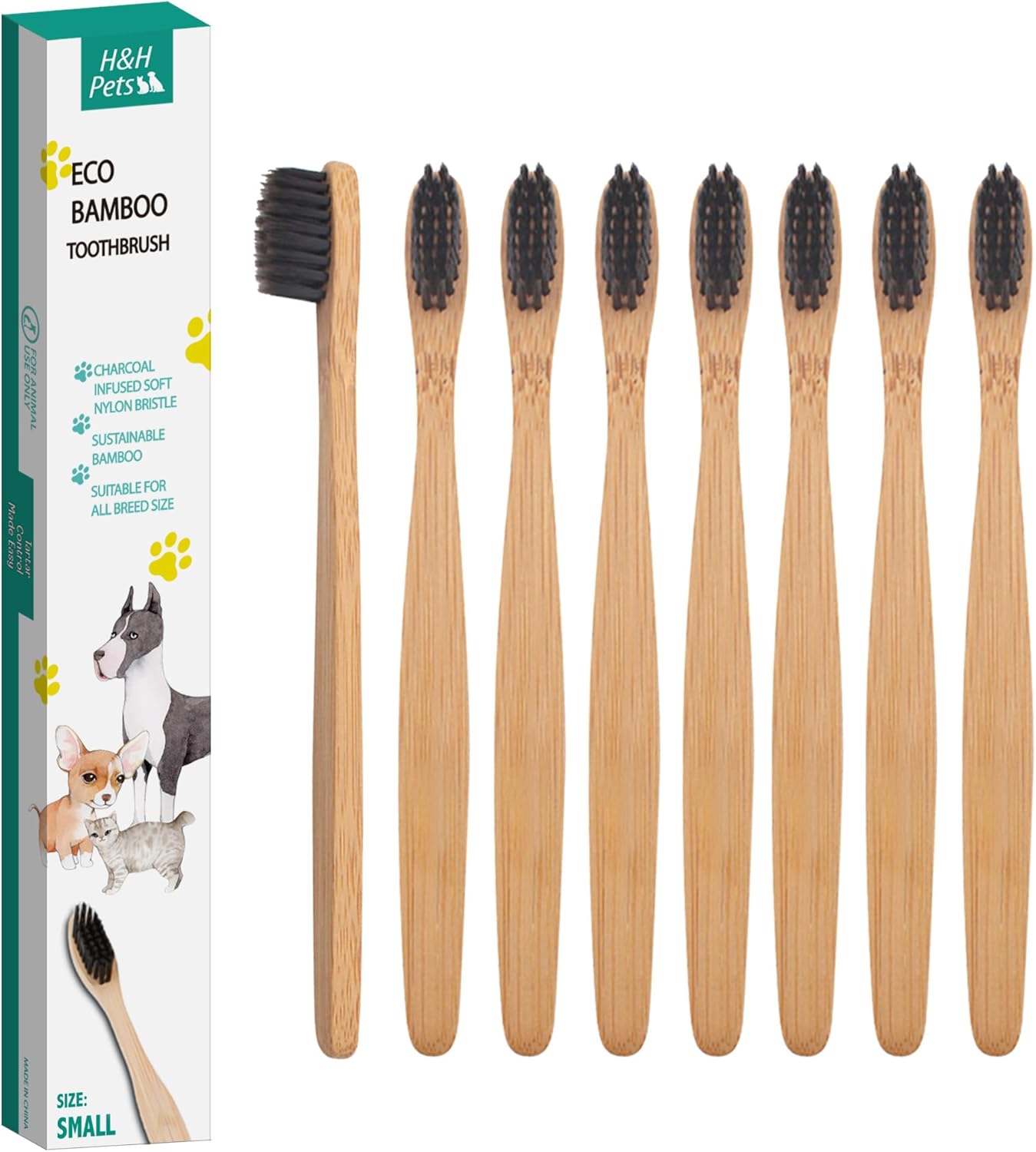 Hand holding H&H Pets bamboo toothbrush for size reference