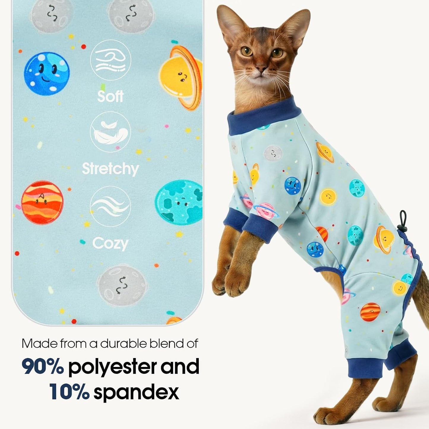 Back view of Dentrun kitten onesie showing planetary pattern