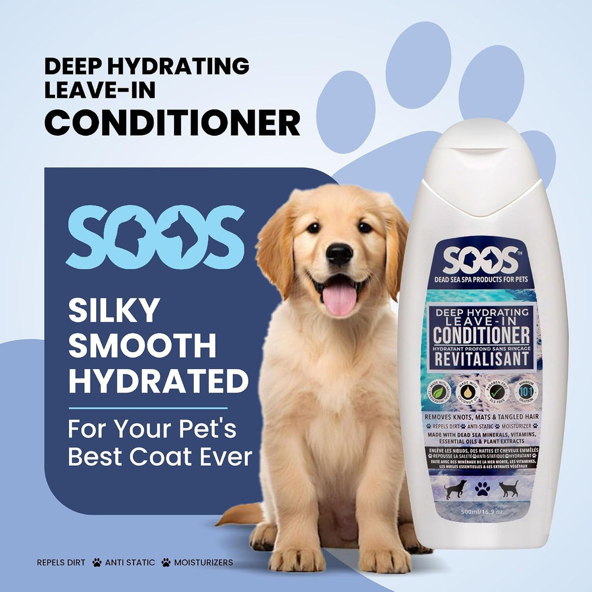 Back label of Soos natural pet leave in conditioner with directions