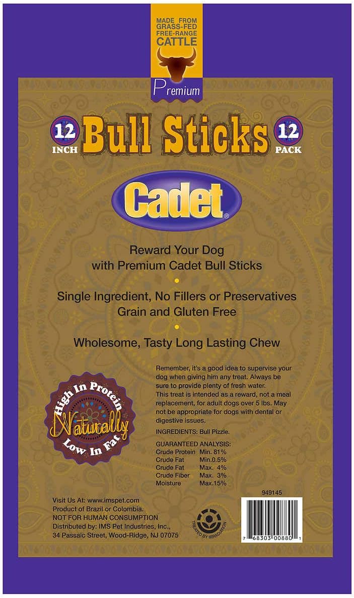 Cadet 100% natural grass fed beef bully sticks packaging back view details