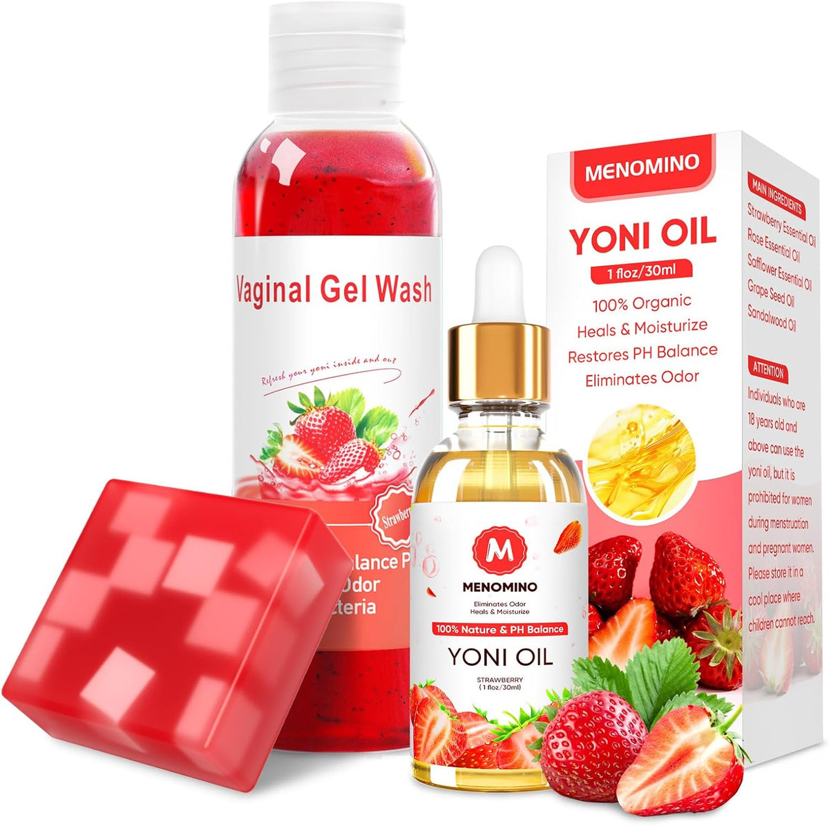 Menomino Yoni Care Set front view featuring wash oil and soap bar