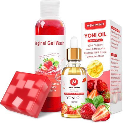 Menomino Yoni Care Set front view featuring wash oil and soap bar