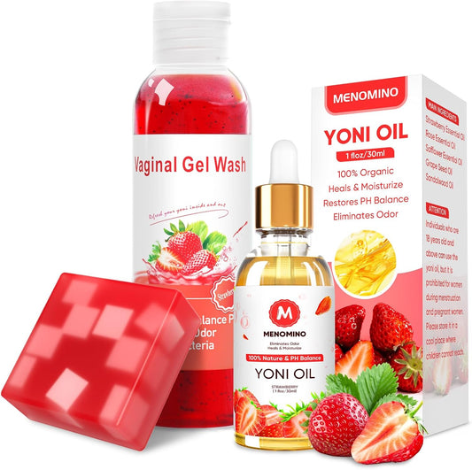 Menomino Yoni Care Set front view featuring wash oil and soap bar