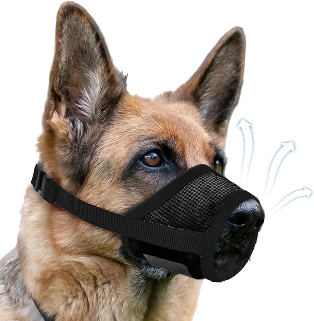 FDEETY soft air mesh dog muzzle large front view showing the breathable black nylon mesh structure.